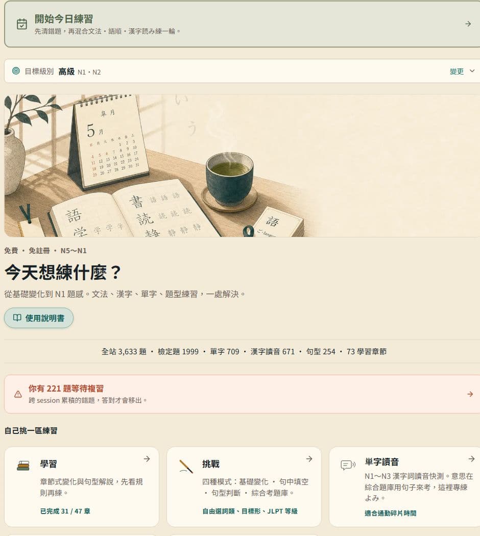 Jabiko 首頁：今日練習、目標級別、學習入口與目前題庫數量