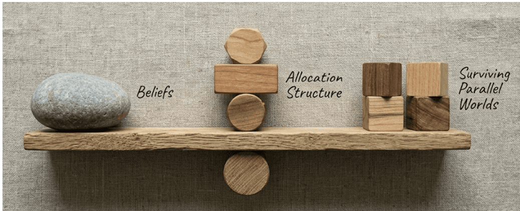 木塊在橫木板上保持平衡，分別標著 Beliefs、Allocation Structure、Surviving Parallel Worlds